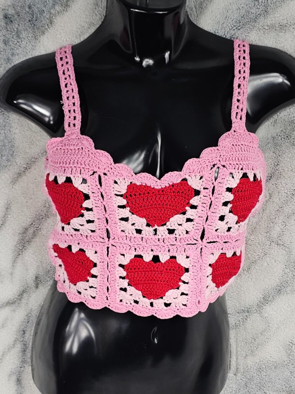 Sugar Thrillz L-XL Pink Red Crochet Heart Cotton Cropped Cami Top Granny Squares